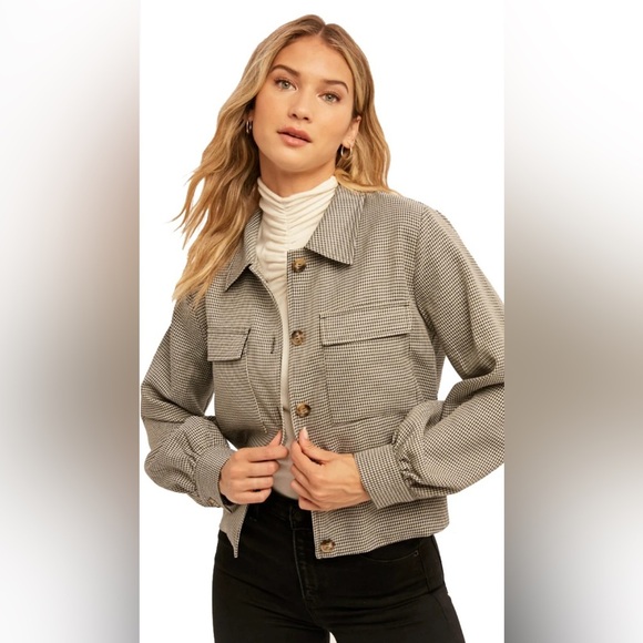 Black and white button down collared bomber jacket. Size L. - Picture 2 of 13